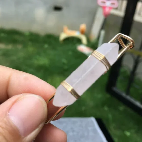 Double Terminated Rose Quartz Crystal Gold Bangle Bracelet - Picture 6 of 7